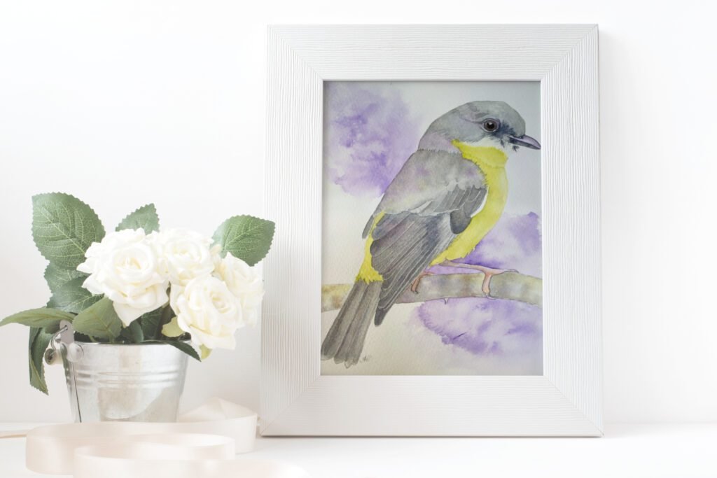 yellow robin watercolour framed